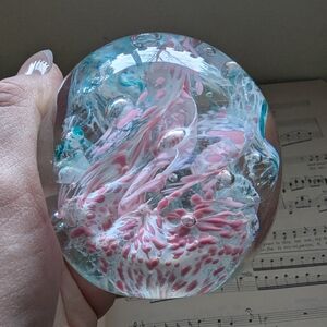 Artistic Glass Paperweight with Pink and Blue Swirls